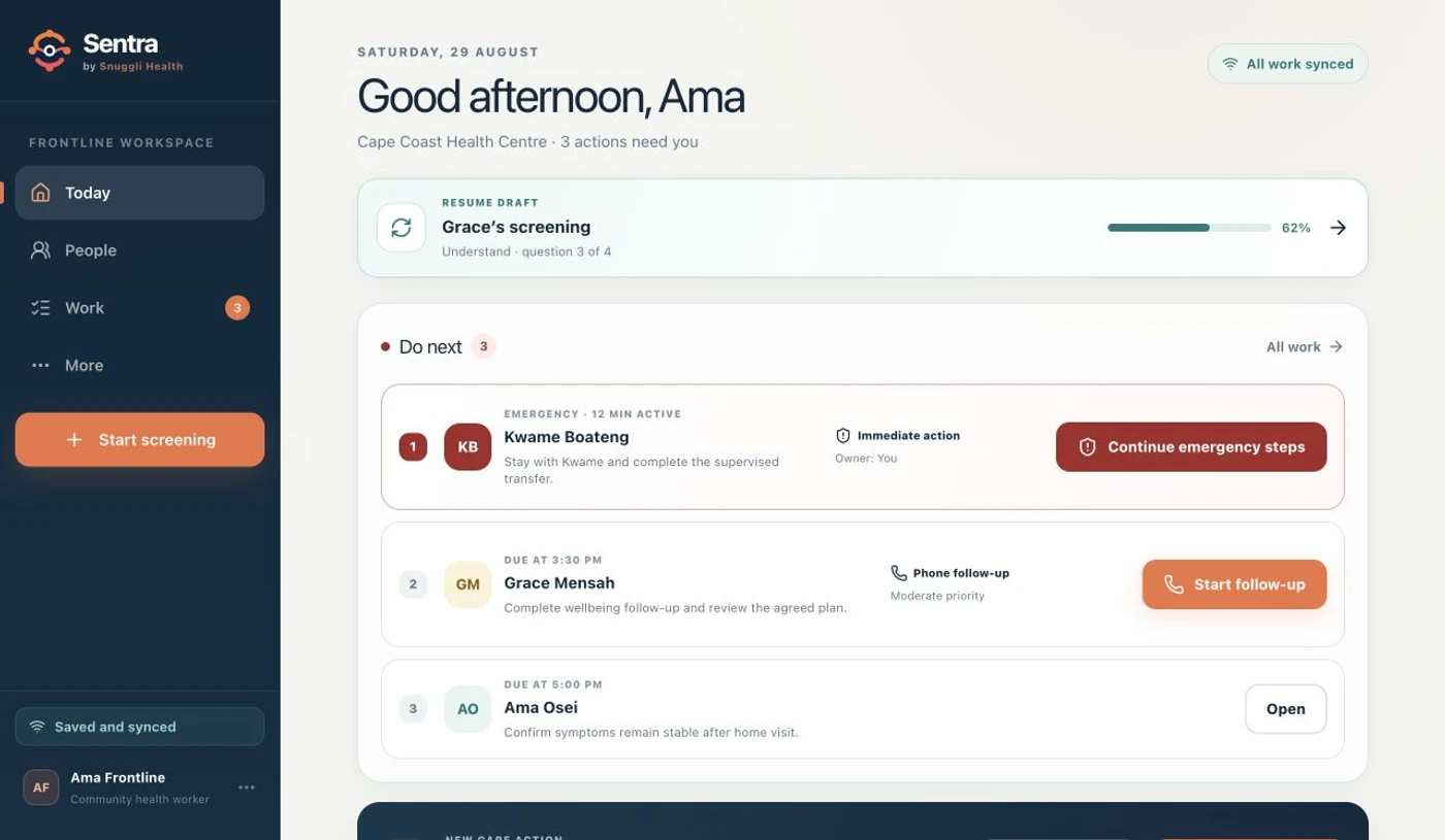 Sentra care-team workspace showing sample screening and follow-up tasks